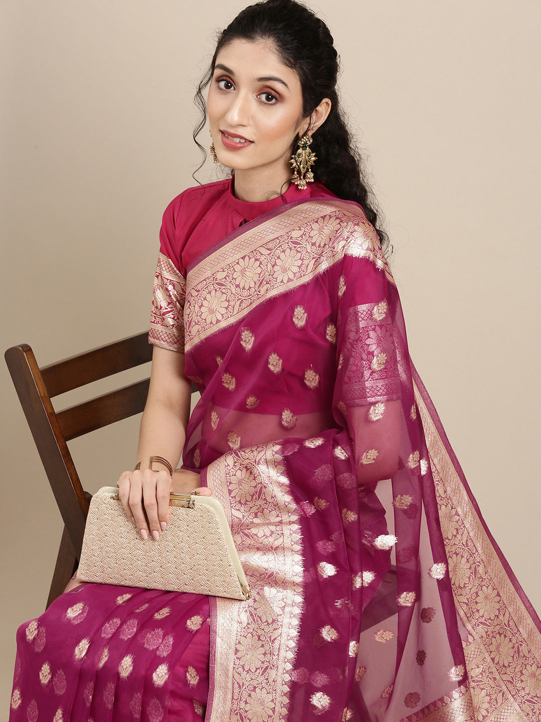 Saree Mall Magenta Ethnic Motifs Zari Organza Banarasi Saree - Distacart