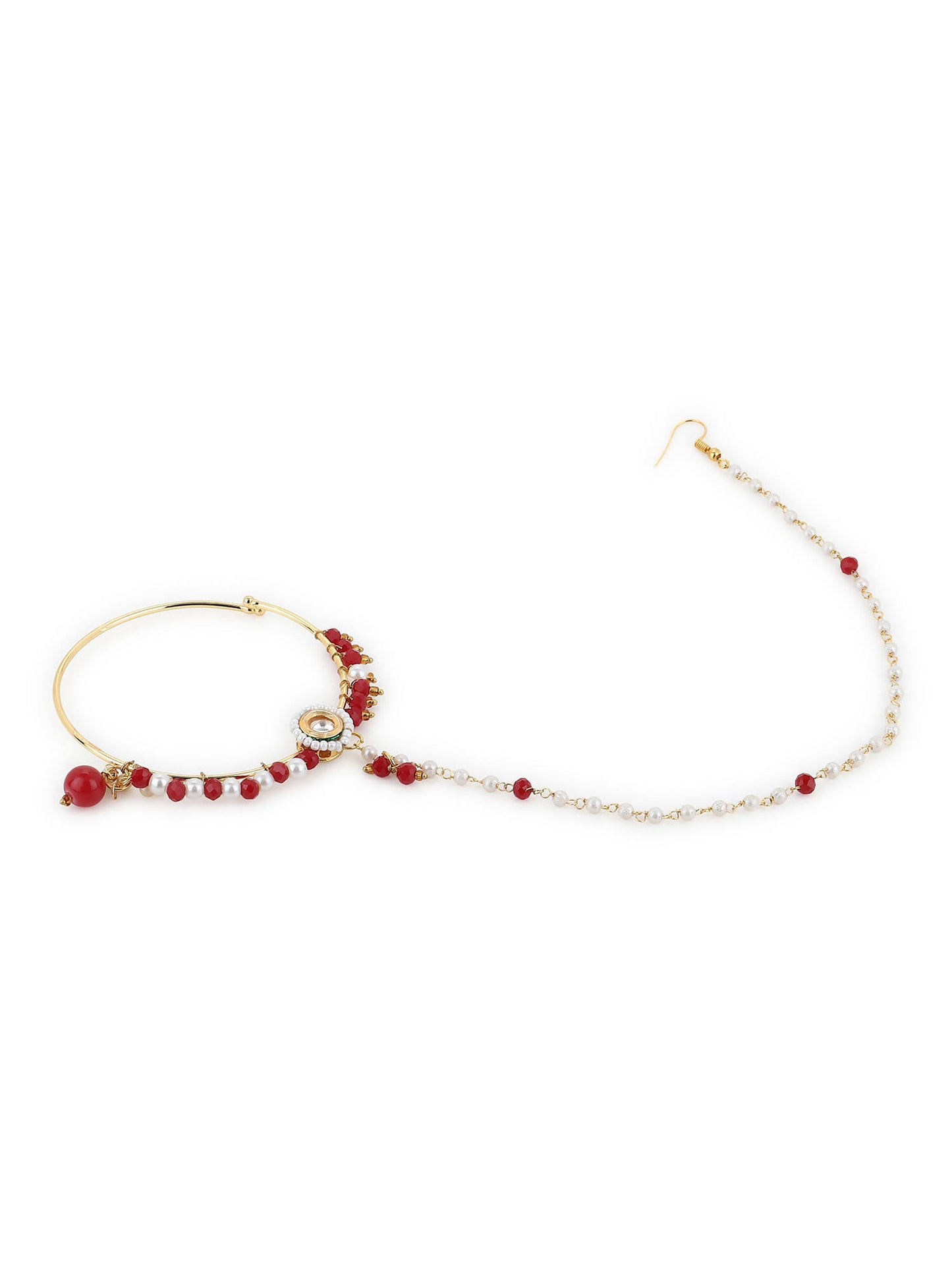 White Red Gold-Plated Kundan-Studded Beaded Nosepin - Ruby Raang - Distacart