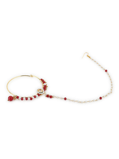 White Red Gold-Plated Kundan-Studded Beaded Nosepin - Ruby Raang - Distacart