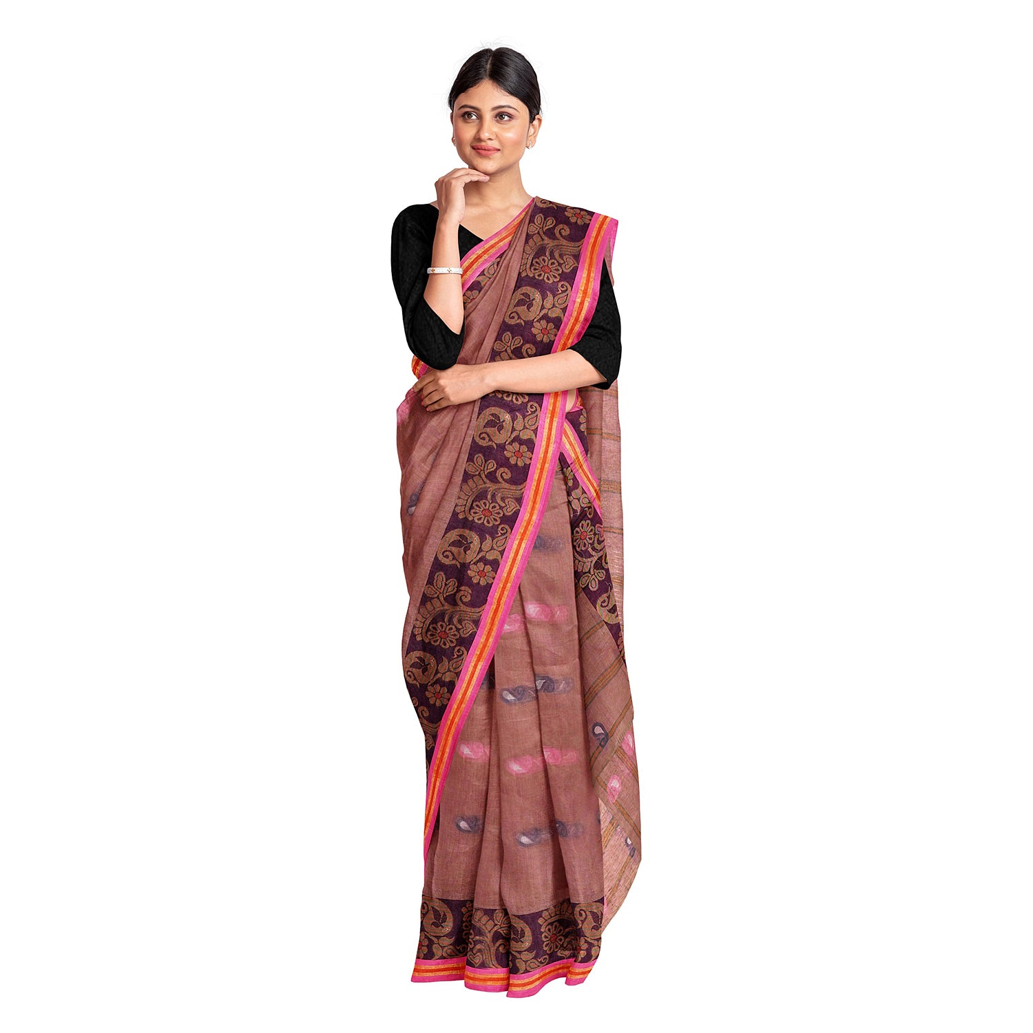Exclusive Collection 100% Pure Cotton Mauve Tant Saree With Hand Weaving Work - Distacart