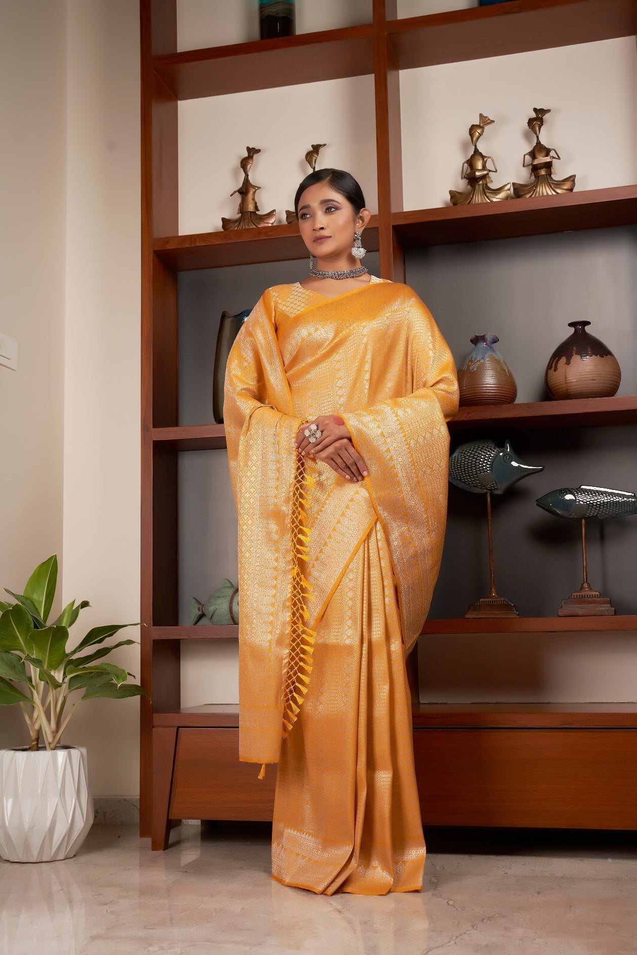 Vardha Dandelion Yellow Silver Zari Kanjeevaram Silk Saree