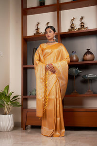 Thumbnail for Vardha Dandelion Yellow Silver Zari Kanjeevaram Silk Saree