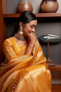 Thumbnail for Vardha Dandelion Yellow Silver Zari Kanjeevaram Silk Saree