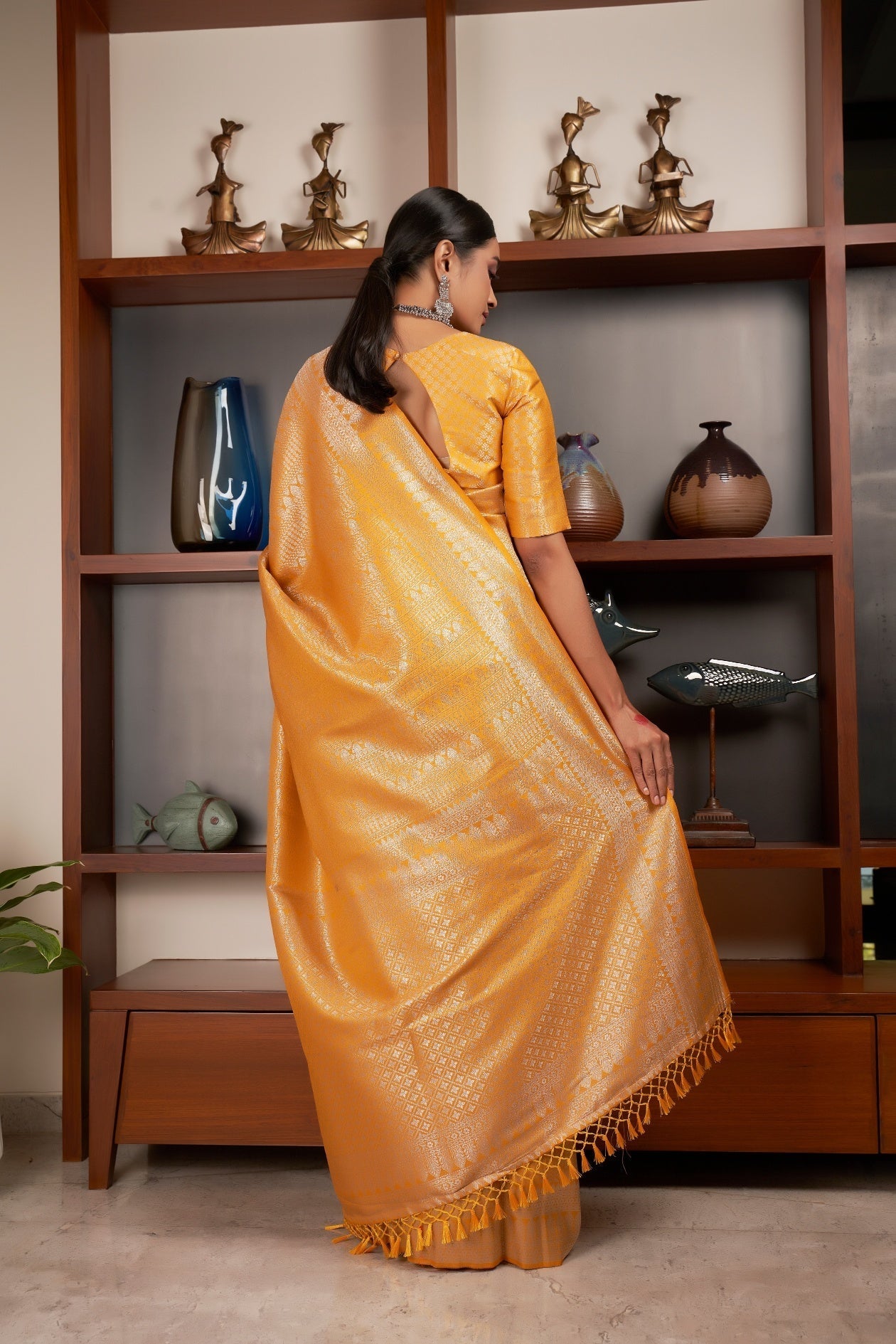 Vardha Dandelion Yellow Silver Zari Kanjeevaram Silk Saree