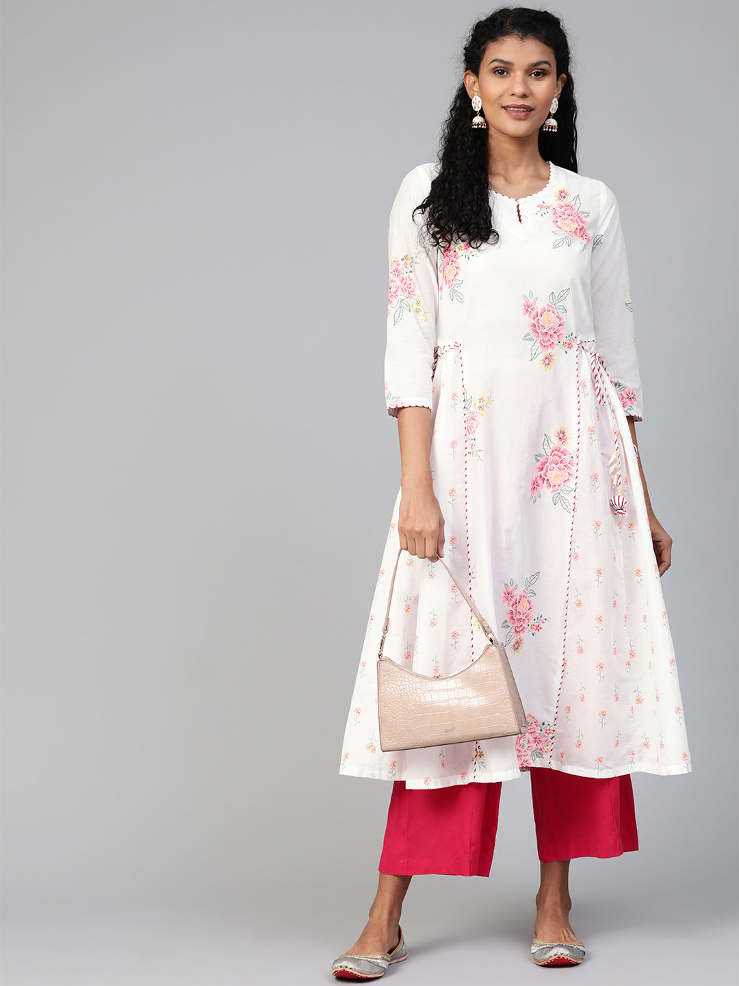 Biba Women White & Pink Panelled Floral Printed Anarkali Kurta - Distacart