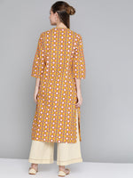 Thumbnail for HERE&NOW Women Mustard Yellow & Cream Pure Cotton Geometric Printed Kurta - Distacart
