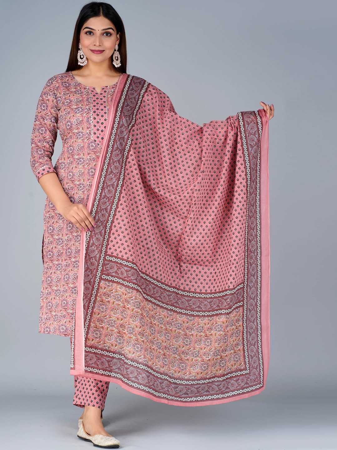 Kalini Floral Printed Pure Cotton Straight Kurta with Trousers & Dupatta - Distacart