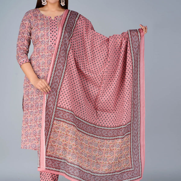Kalini Floral Printed Pure Cotton Straight Kurta with Trousers & Dupatta - Distacart