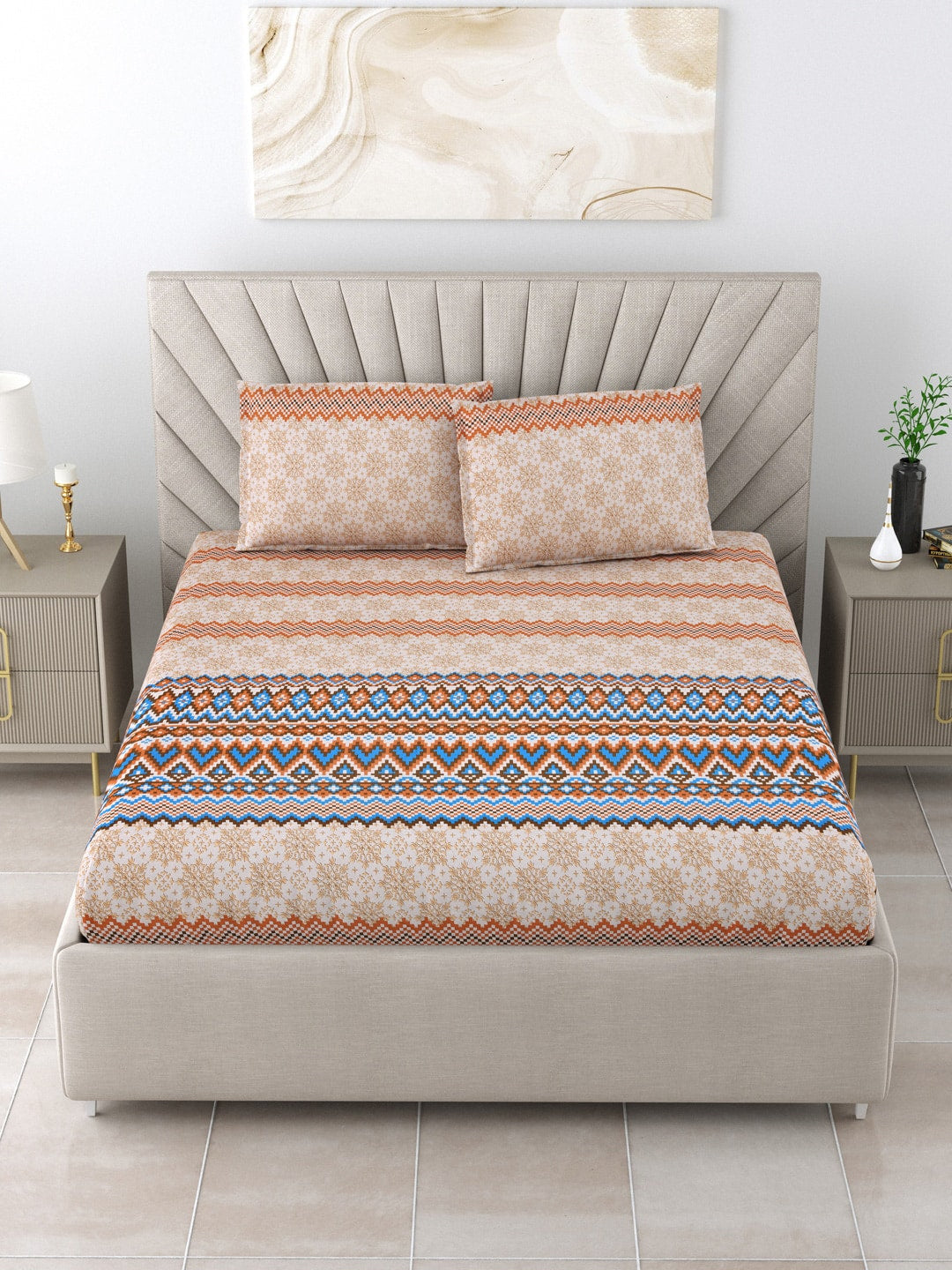 BOMBAY DYEING Brown & Blue Ethnic Motifs Cotton 250 TC King Bedsheet With 2 Pillow Covers - Distacart