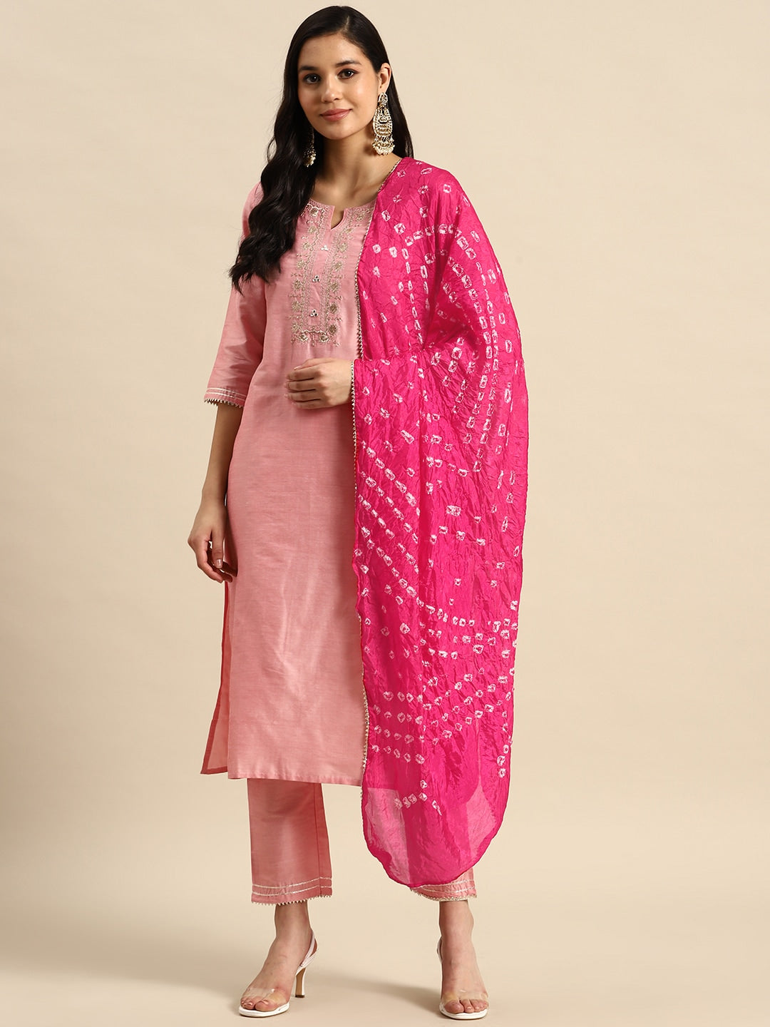 Sangria Floral Embroidered Sequinned Pure Cotton Kurta with Trousers & Dupatta - Distacart