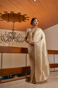 Thumbnail for Vardha Ivory White Golden Zari Kanjeevaram Silk Saree