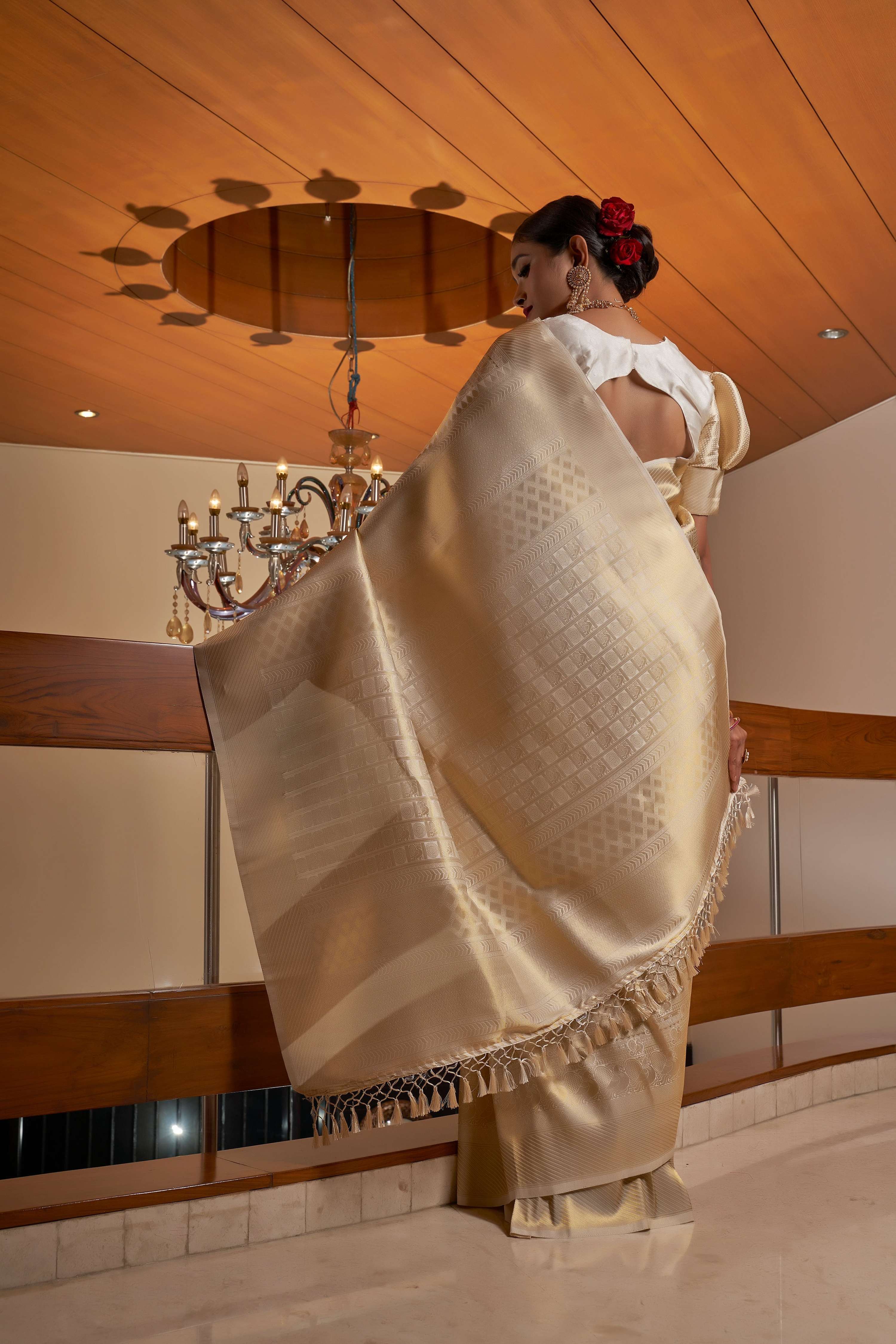Vardha Ivory White Golden Zari Kanjeevaram Silk Saree