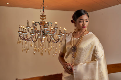 Vardha Ivory White Golden Zari Kanjeevaram Silk Saree