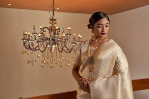 Vardha Ivory White Golden Zari Kanjeevaram Silk Saree