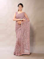 Thumbnail for Sangria Pink Floral Net Embroidered Heavy Work Saree - Distacart