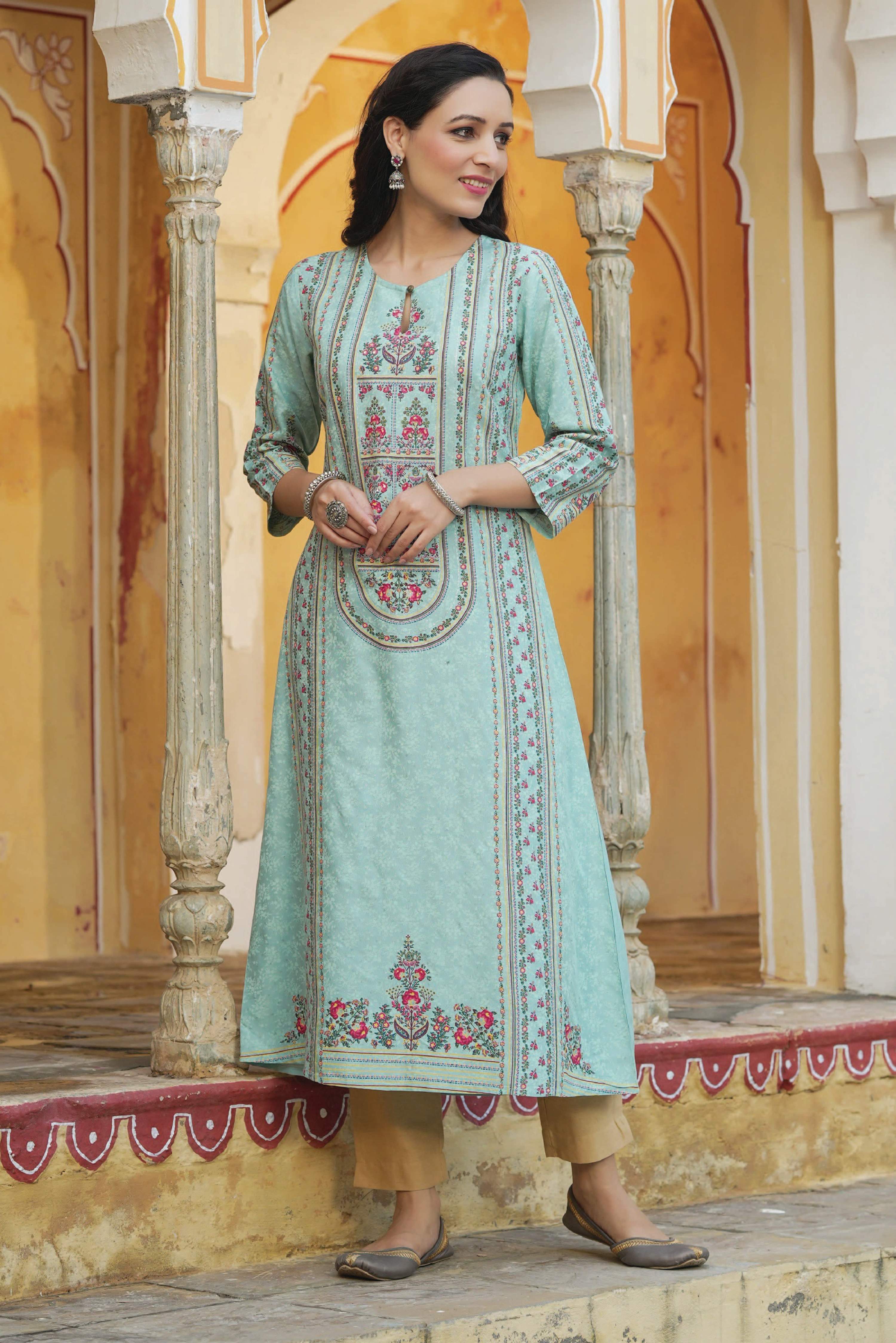 Juniper Women Sky Blue Rayon Printed A-Line Kurta - Distacart