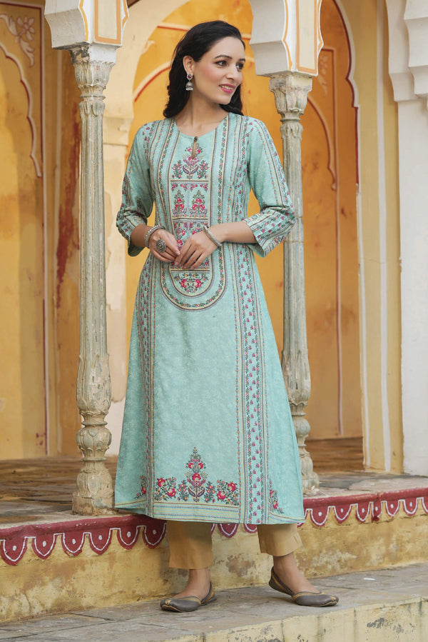 Juniper Women Sky Blue Rayon Printed A-Line Kurta - Distacart