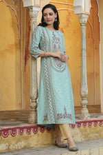 Thumbnail for Juniper Women Sky Blue Rayon Printed A-Line Kurta - Distacart