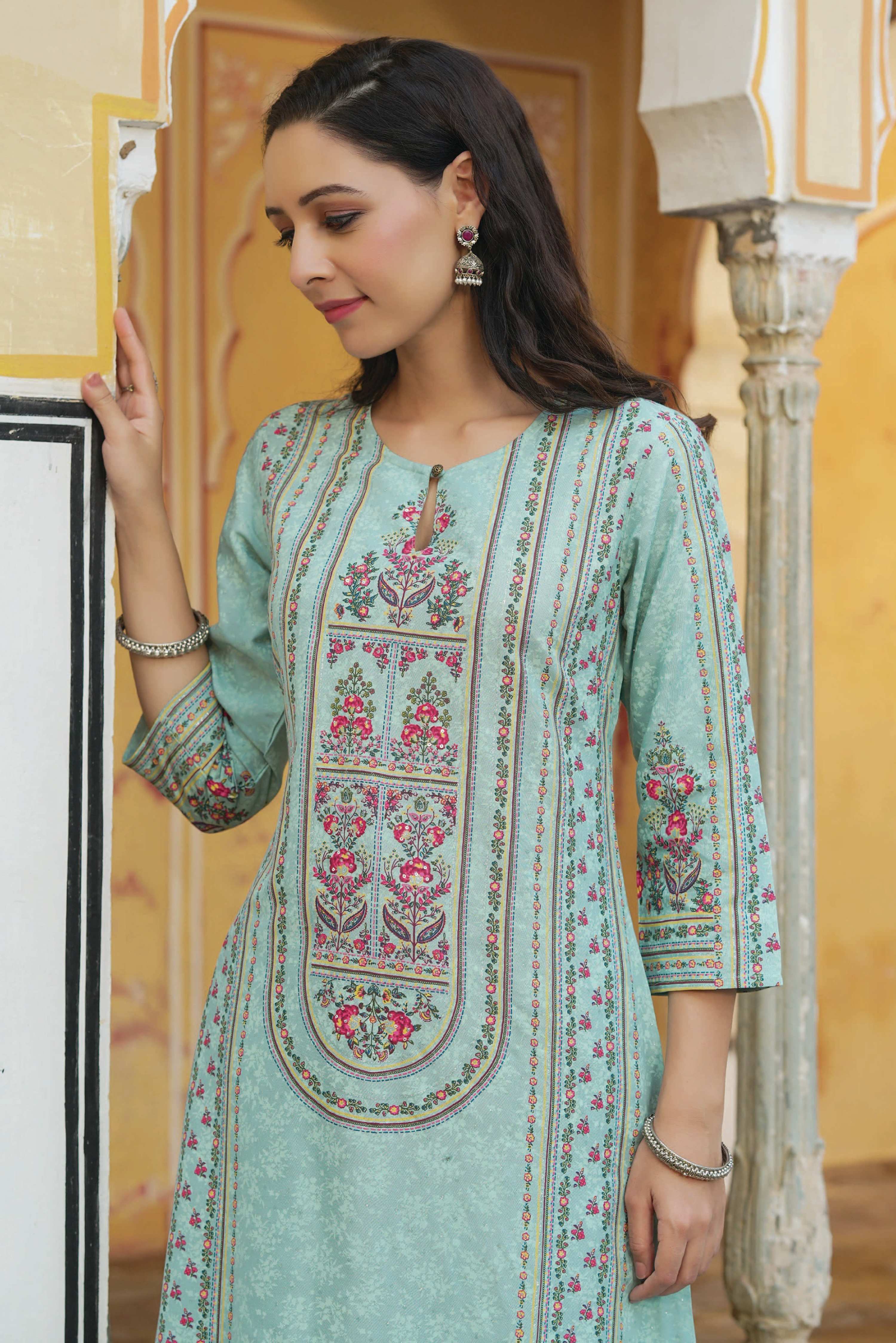 Juniper Women Sky Blue Rayon Printed A-Line Kurta - Distacart