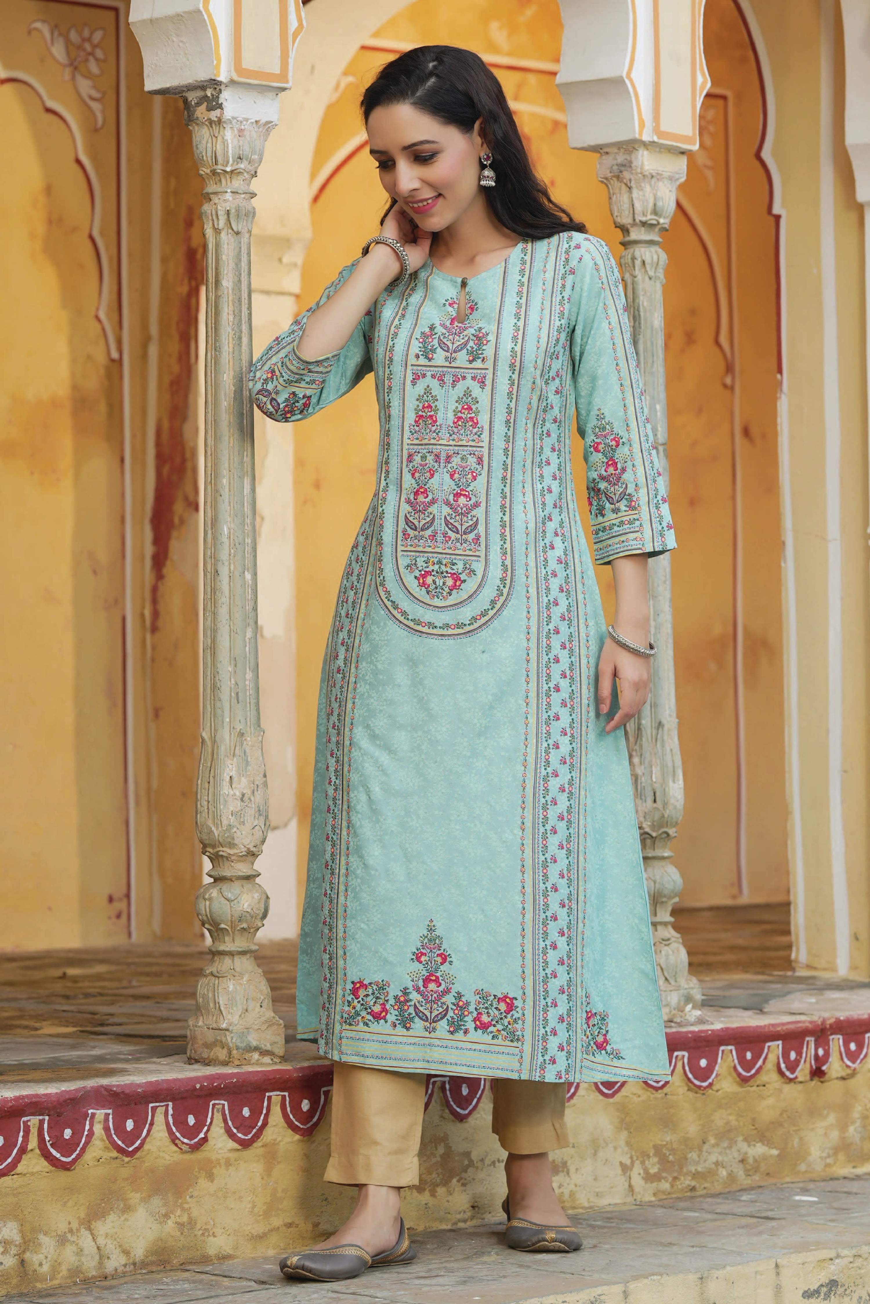 Juniper Women Sky Blue Rayon Printed A-Line Kurta - Distacart
