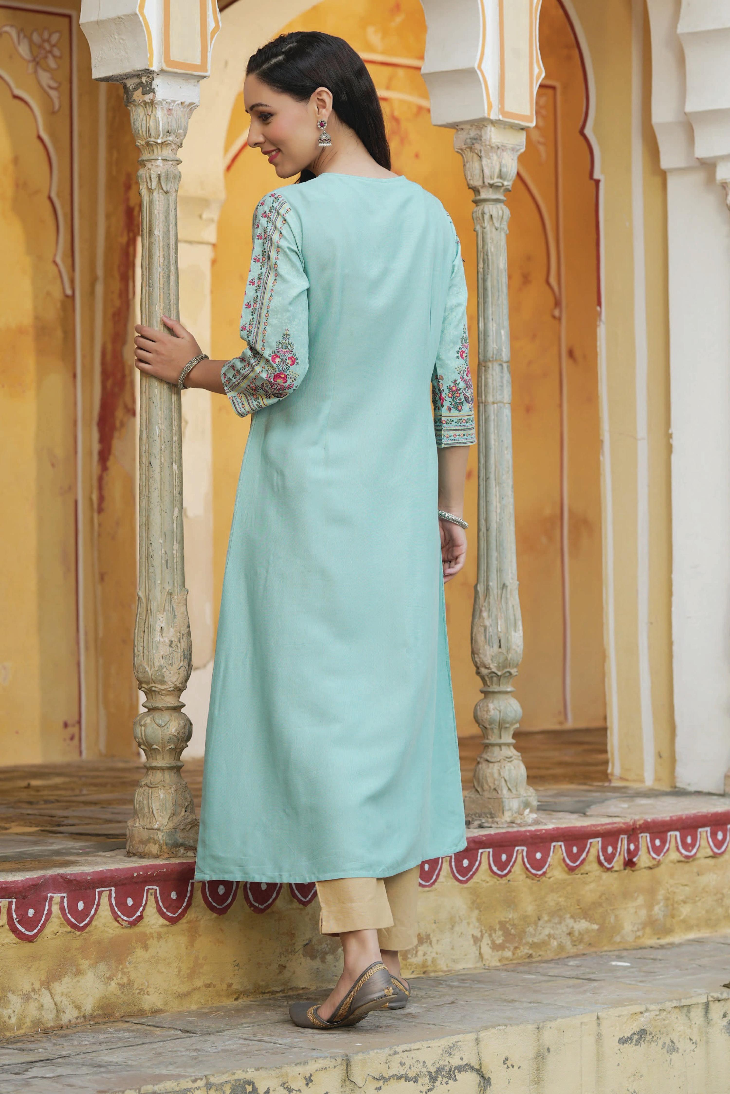 Juniper Women Sky Blue Rayon Printed A-Line Kurta - Distacart