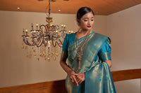 Thumbnail for Vardha Cobalt Blue Golden Zari Buttis Kanjeevaram Silk Saree