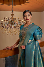 Thumbnail for Vardha Cobalt Blue Golden Zari Buttis Kanjeevaram Silk Saree