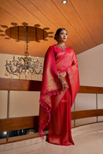 Thumbnail for Vardha Scarlet Pink Golden Zari Kanjeevaram Silk Saree