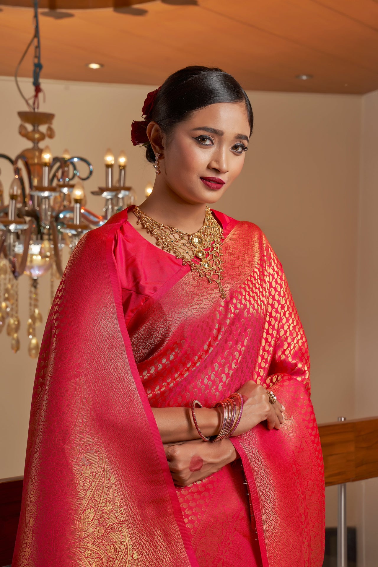 Vardha Scarlet Pink Golden Zari Kanjeevaram Silk Saree