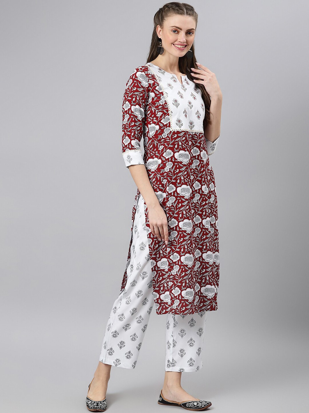 Khushal K Women Maroon Floral Printed Kurta with Palazzos - Distacart