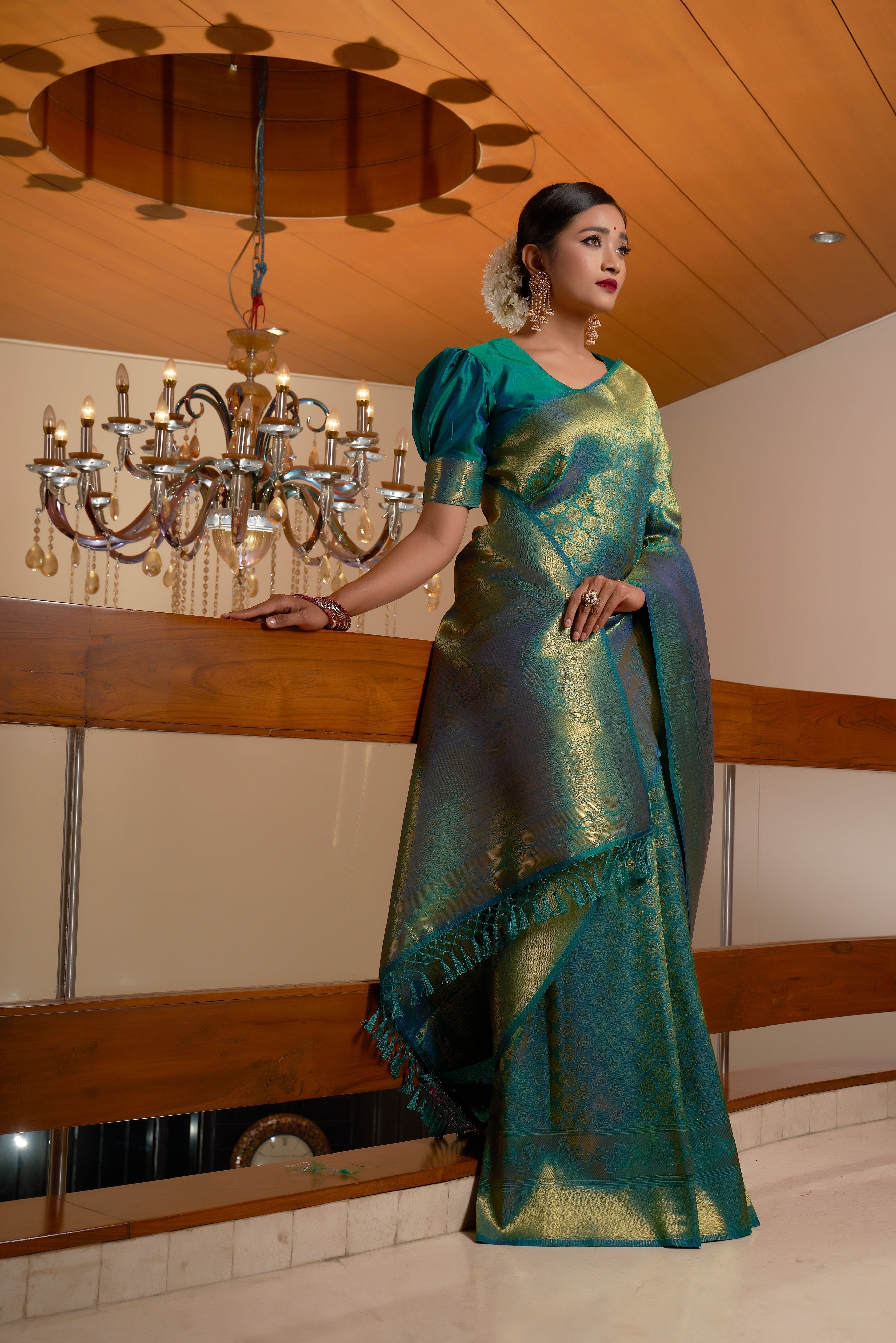 Vardha Pine Green Golden Zari Kanjeevaram Silk Saree