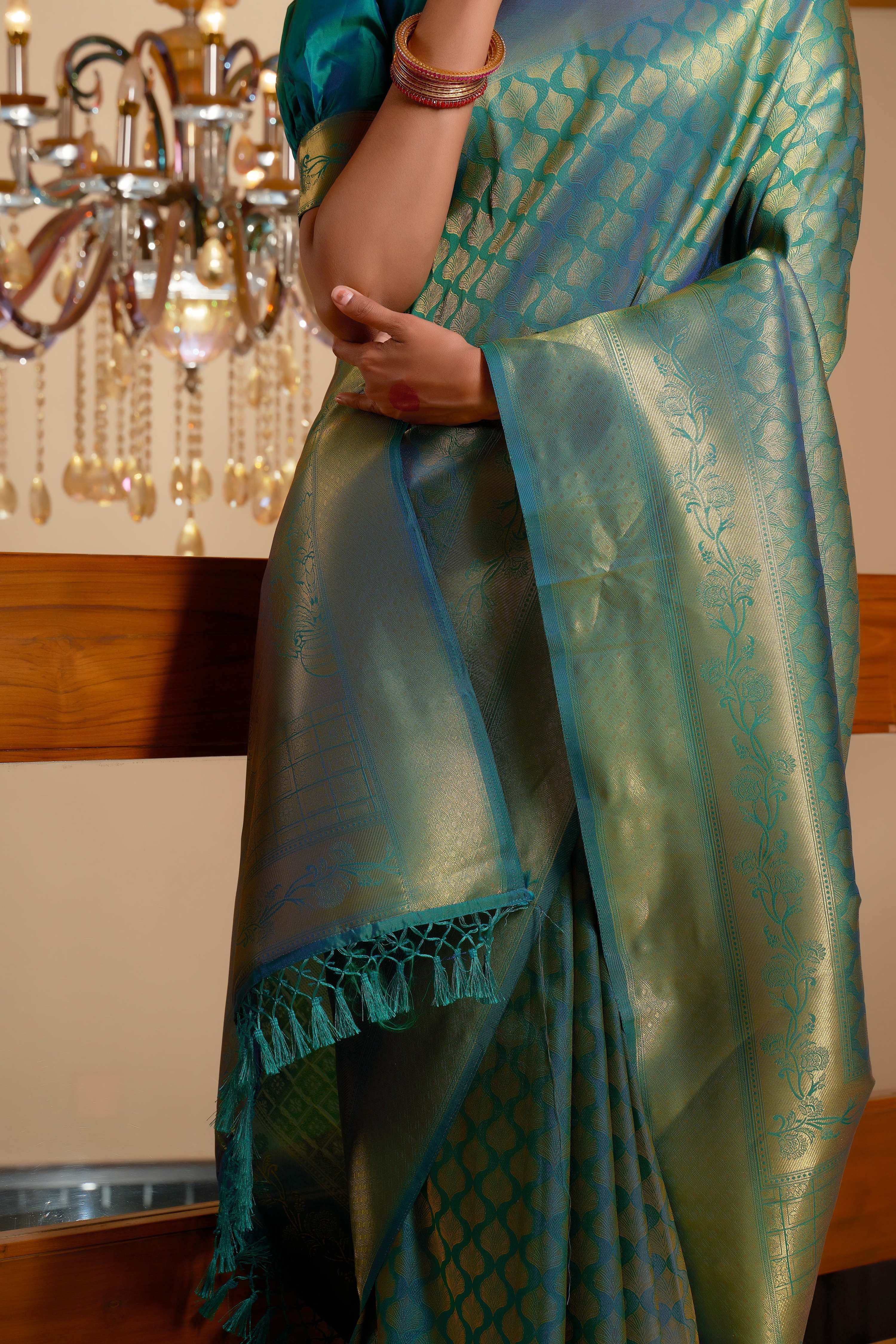 Vardha Pine Green Golden Zari Kanjeevaram Silk Saree