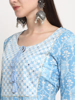 Thumbnail for Kalini Women Turquoise Blue Ethnic Motifs Printed Mirror Work Pure Cotton Kurta with Trousers & With Dupatta - Distacart