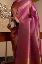 Thumbnail for Vardha Mauve Wine Golden Zari Kanjeevaram Silk Saree