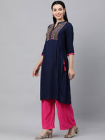 Thumbnail for Kalini Women Navy Blue Ethnic Motifs Embroidered Yoke Design Kurta - Distacart