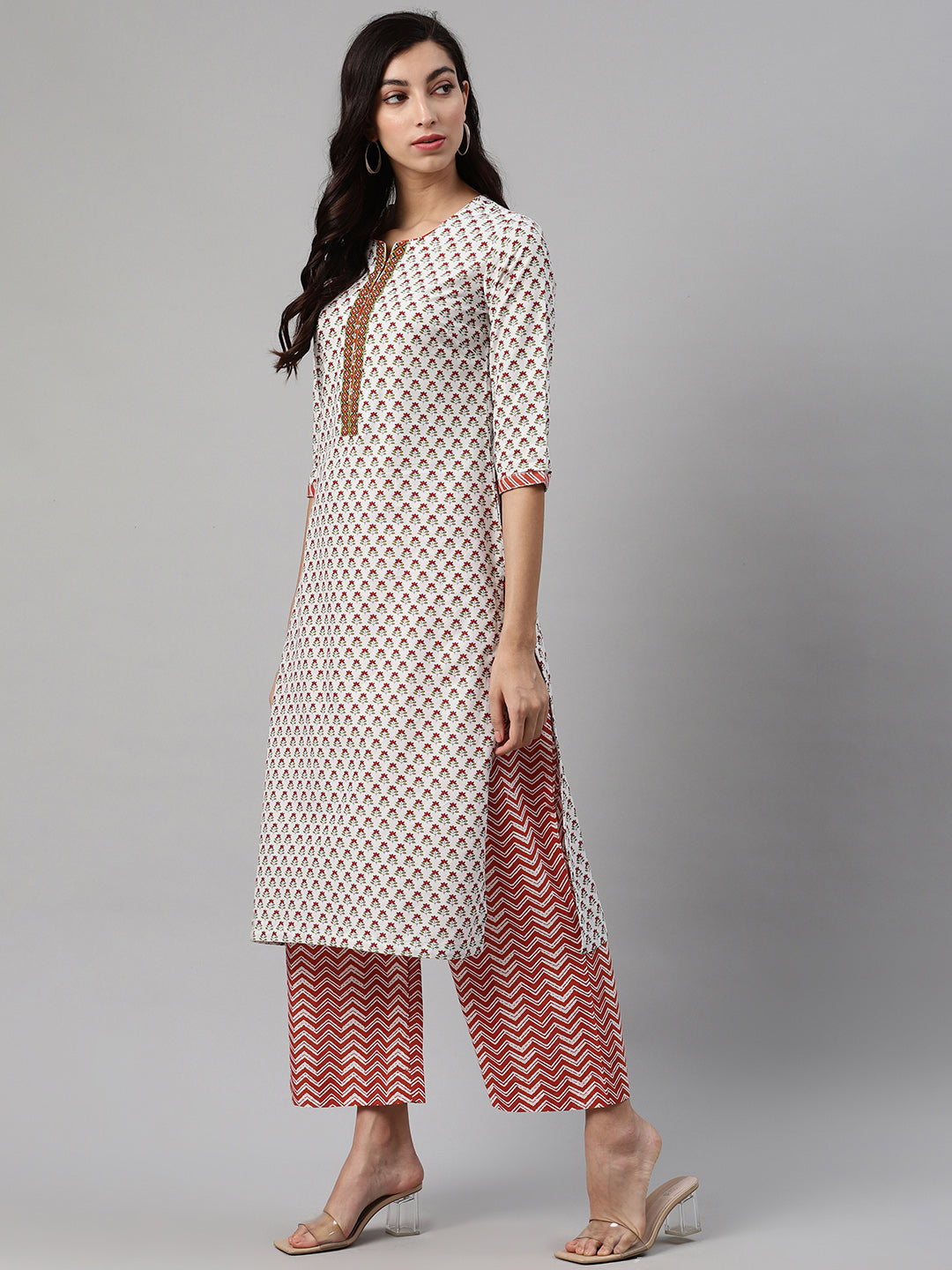 Biba Women White & Maroon Printed Kurta with Palazzos - Distacart