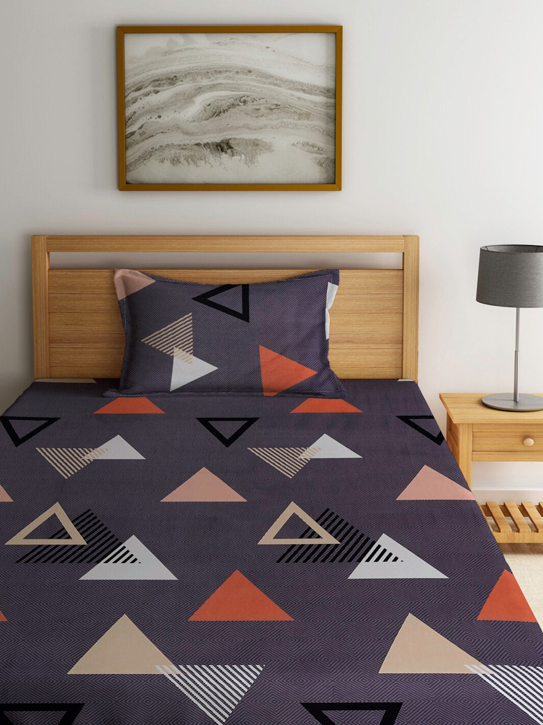 Home Sizzler Grey & White Geometric 144 TC Single Bedsheet with 1 Pillow Covers - Distacart