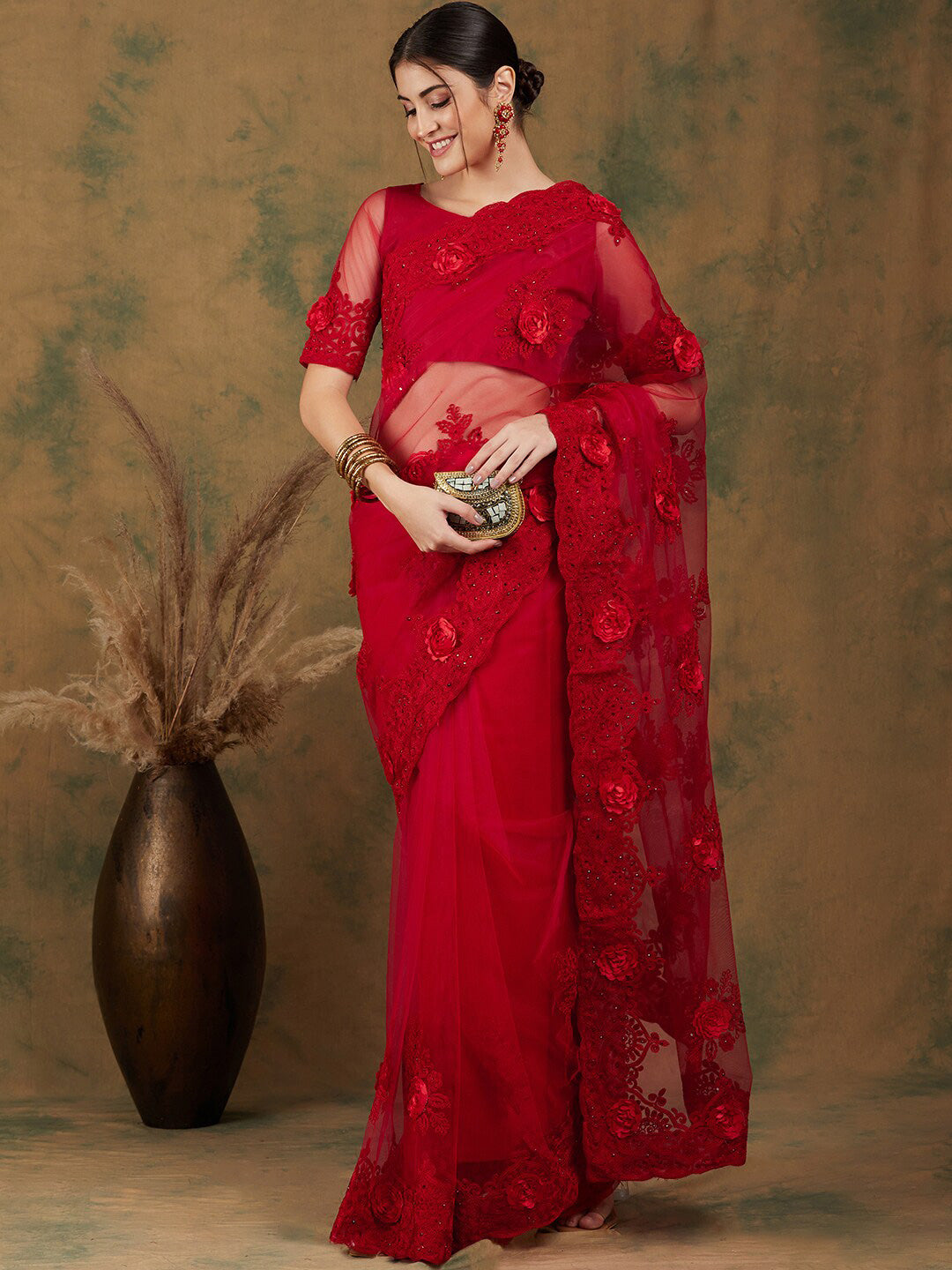 Sangria Red Floral Embroidered Saree - Distacart