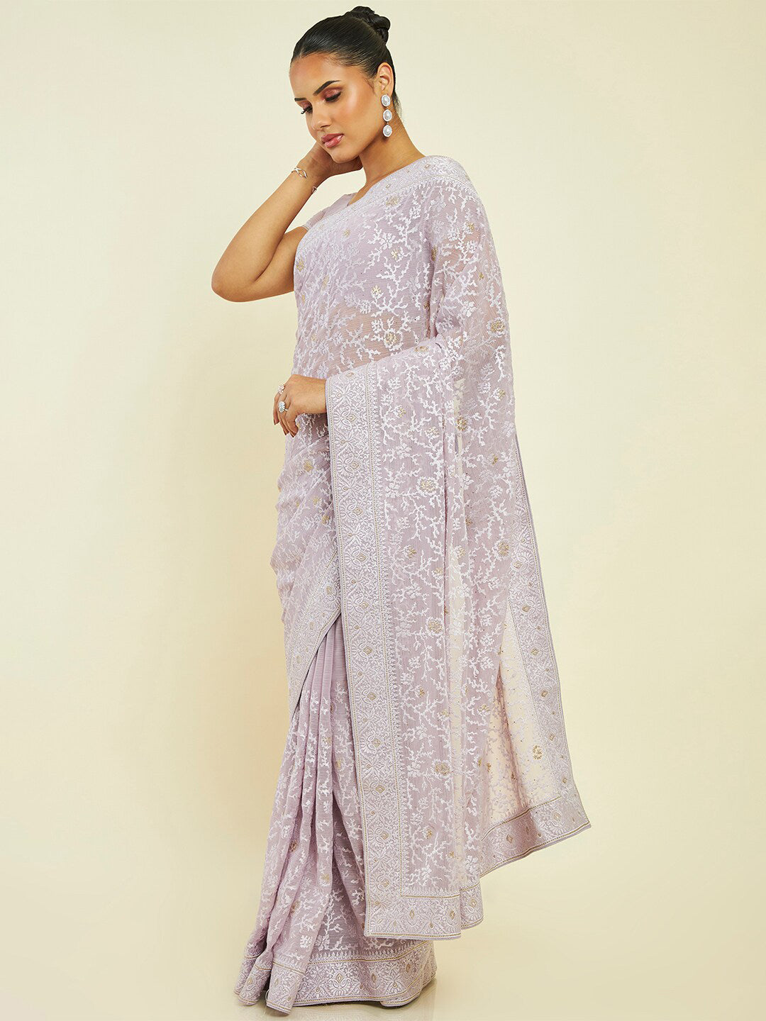 Soch Floral Embroidered Pure Chiffon Saree - Distacart