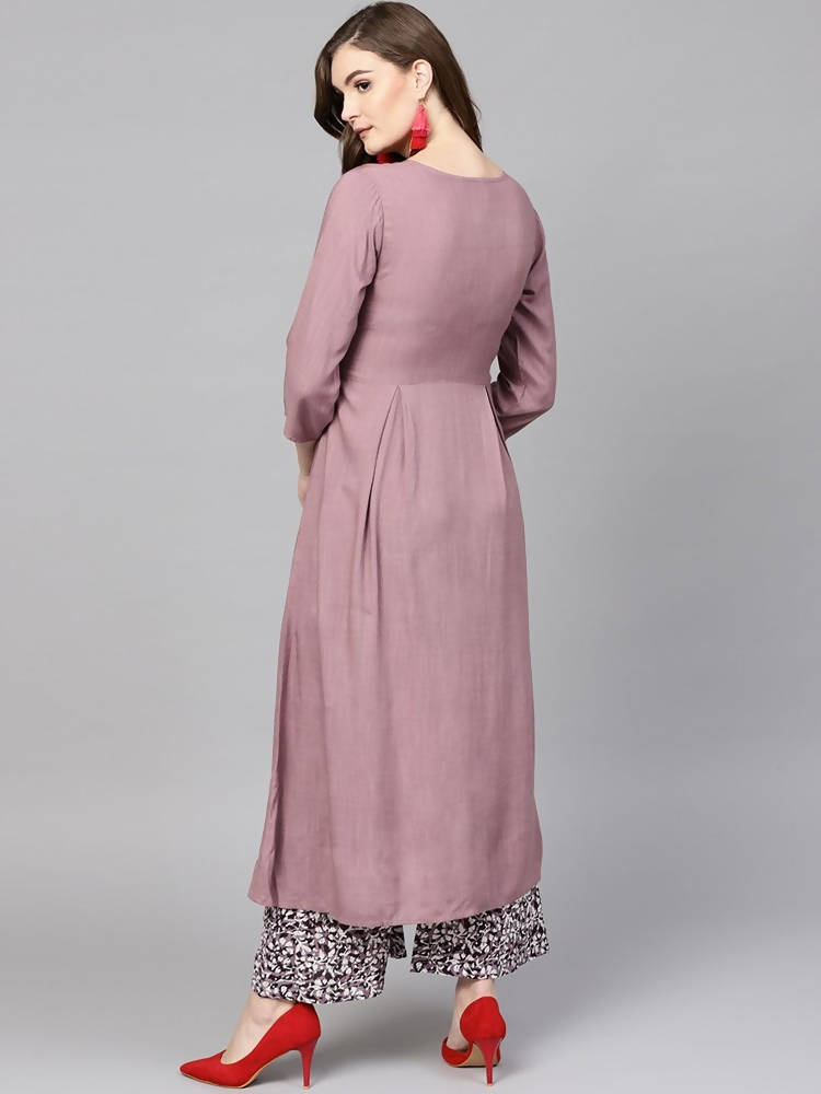 Yufta Women Mauve & Black Embroidered Kurta with Palazzo