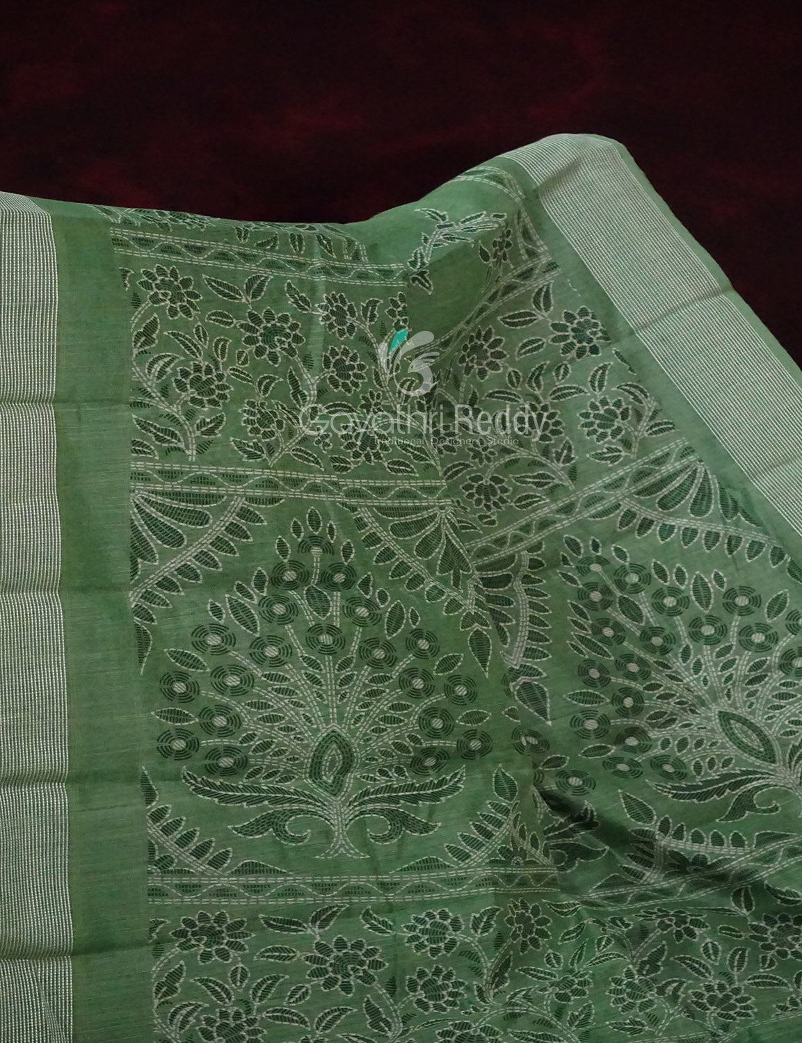 Leaf Green Coloured Block Print Semi Chanderi Saree By Gayathri Reddy Designer Studio - Distacart