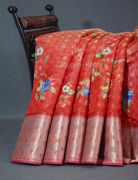 Shades of Red Colour Floral Design Banaras Semi Silk Saree By Gayathri Reddy Designer Studio - Distacart