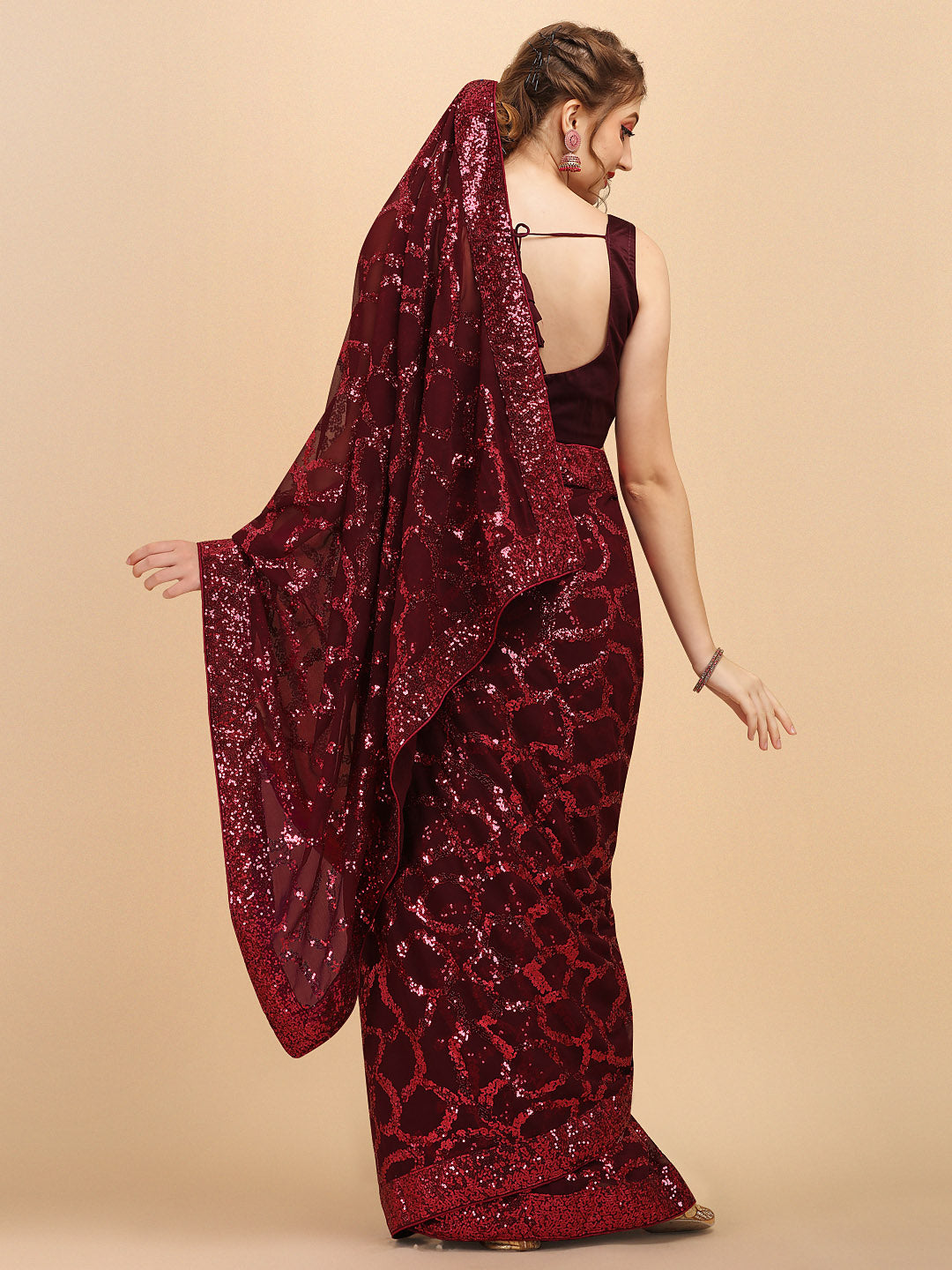 Sangria Burgundy Sequinned Pure Georgette Heavy Work Saree - Distacart