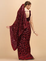 Thumbnail for Sangria Burgundy Sequinned Pure Georgette Heavy Work Saree - Distacart
