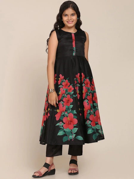NOZ2TOZ Black Floral Printed Pleated Kurta with Trousers & With Dupatta For Girls - Distacart