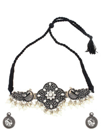 Thumbnail for Cardinal Silver-Toned Black Colored Oxidized Choker Jewellery Set - Distacart