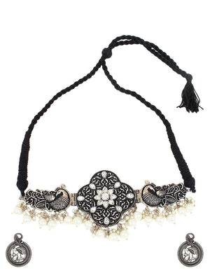 Cardinal Silver-Toned Black Colored Oxidized Choker Jewellery Set - Distacart