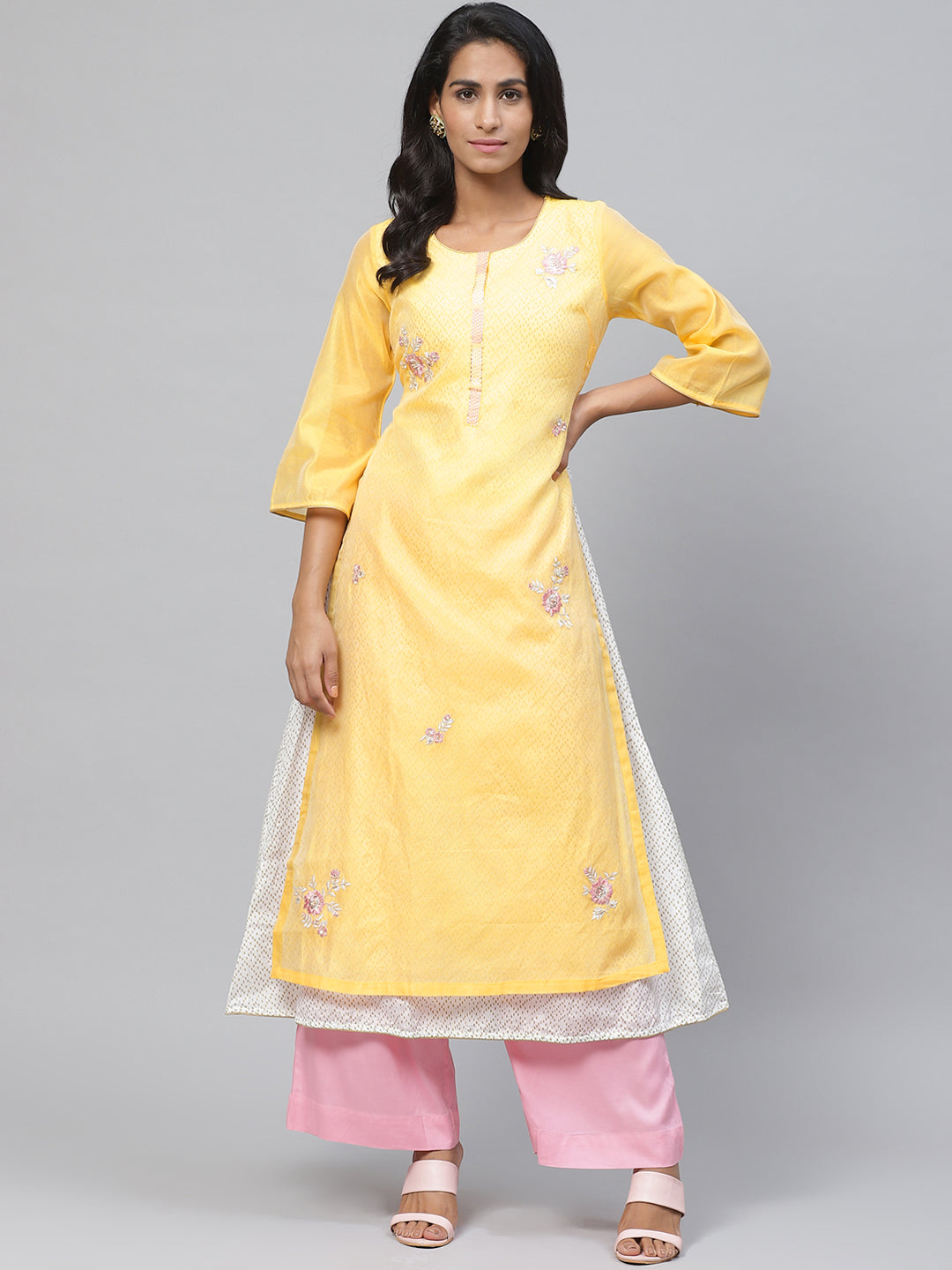 Biba Women Yellow & Off-White Layered Embroidered A-Line Kurta - Distacart