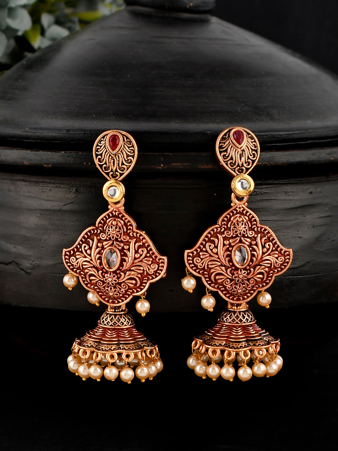 Shoshaa Maroon & Gold-Toned Contemporary Jhumkas Earrings - Distacart