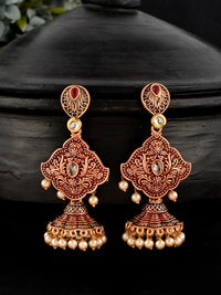Thumbnail for Shoshaa Maroon & Gold-Toned Contemporary Jhumkas Earrings - Distacart